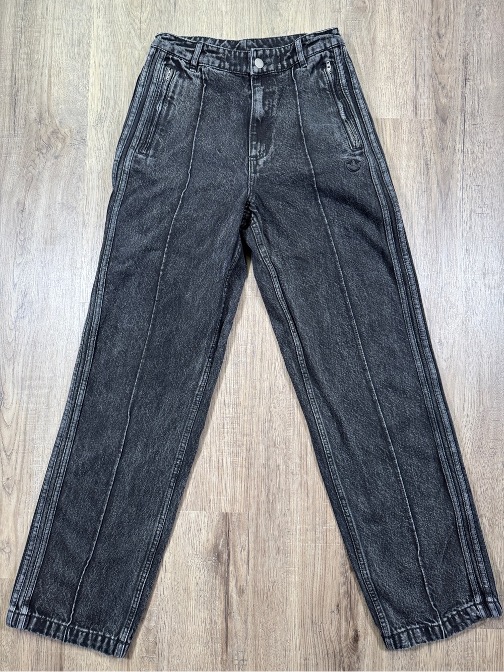 Adidas Originals 3-Stripe Denim Jeans Black Acid Wash Zip Pocket Size 27
